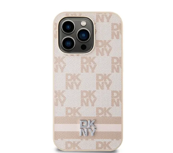 DKNY Leather Checkered Mono Pattern & Printed Stripes do iPhone 14 Pro Różowy