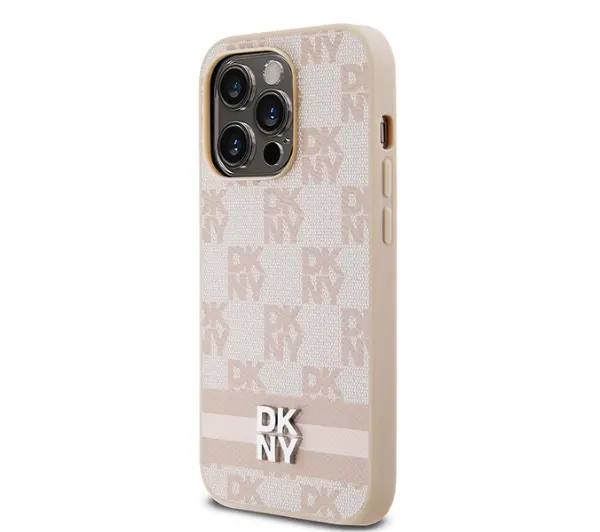 DKNY Leather Checkered Mono Pattern & Printed Stripes do iPhone 14 Pro Różowy