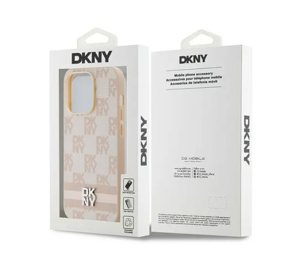 DKNY Leather Checkered Mono Pattern & Printed Stripes do iPhone 14 Pro Różowy