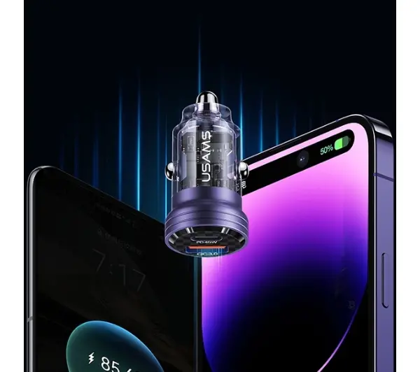 USAMS USB+USB-C 45W Fast Charge Fioletowy