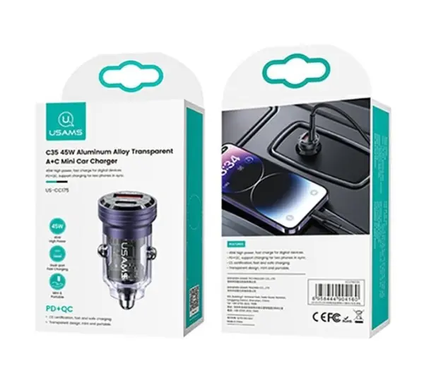 USAMS USB+USB-C 45W Fast Charge Fioletowy