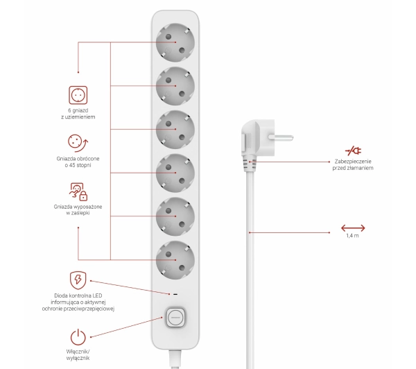 Hama 116079 6 gniazd 1,4m Biały