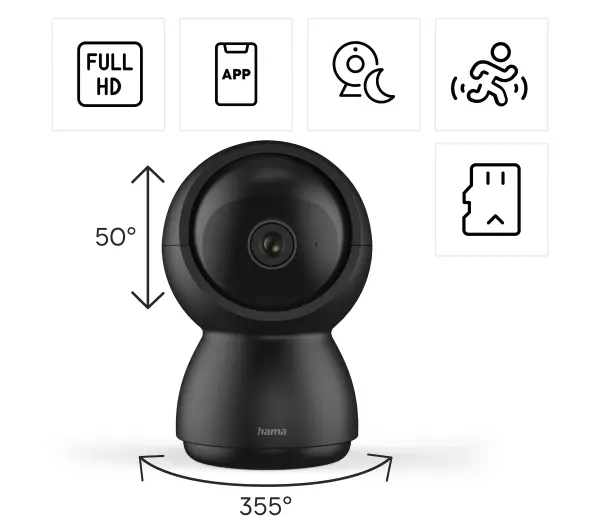 Hama 176647 Obrotowa Wi-Fi z czujnikiem ruchu i noktowizorem 1080p Czarny