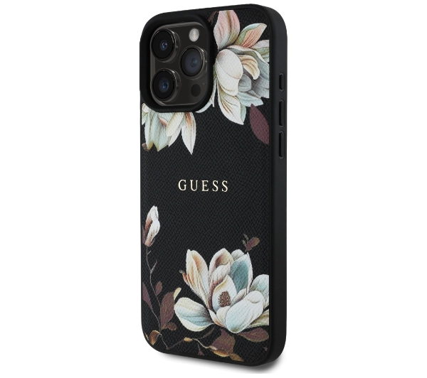 Guess Grained Printed Flower Pattern MagSafe do iPhone 16 Pro Max Czarny