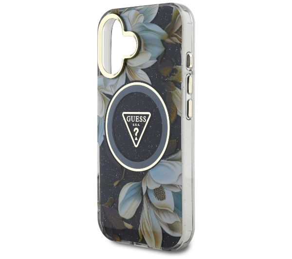 Guess Glitter Flowers Triangle Buttons MagSafe do iPhone 16 Czarny