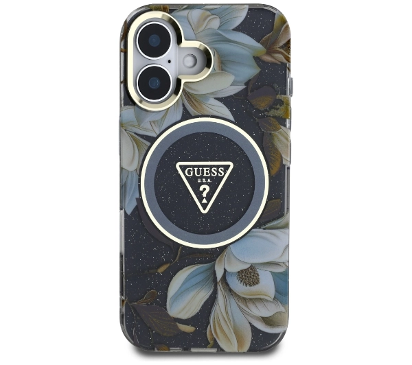 Guess Glitter Flowers Triangle Buttons MagSafe do iPhone 16 Czarny