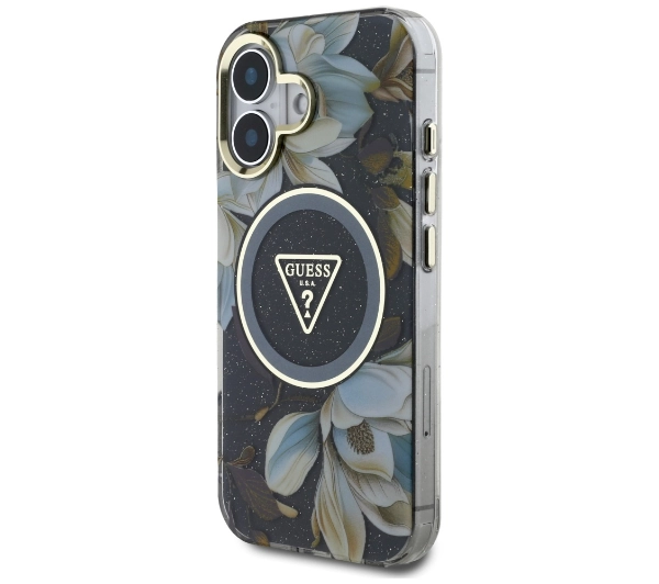 Guess Glitter Flowers Triangle Buttons MagSafe do iPhone 16 Czarny