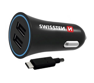 Swissten 20110908 2xUSB, 2,4 A + USB/USB-C 1,2m Czarny