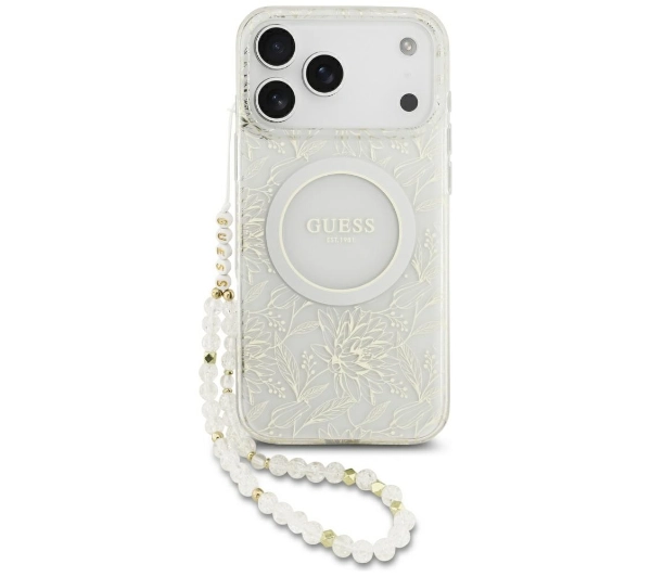 Etui Guess IML Flowers Electro Pearl MagSafe do iPhone 17 Pro Max biały