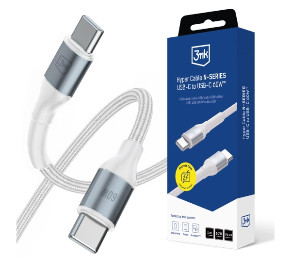 Kabel USB-C - USB-C 3MK Hyper Cable N-Series 60W 1 m Biały