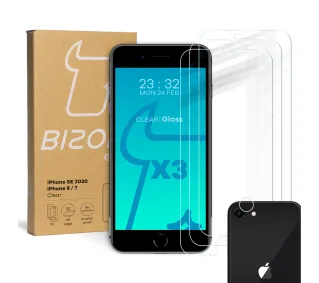 Bizon 3x Szkło hartowane + szybka na aparat Glass Clear Pack do iPhone SE 2022 / 2020 / 8 / 7