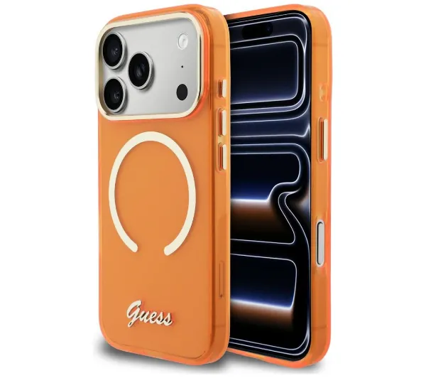 Guess IML Script Metal MagSafe do iPhone 17 Pro Pomarańczowy
