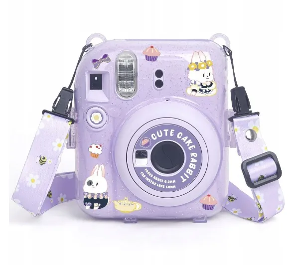 Pokrowiec LOVEINSTANT SB7953 do FujiFilm Instax Mini 12 Fioletowy Brokat + Naklejki
