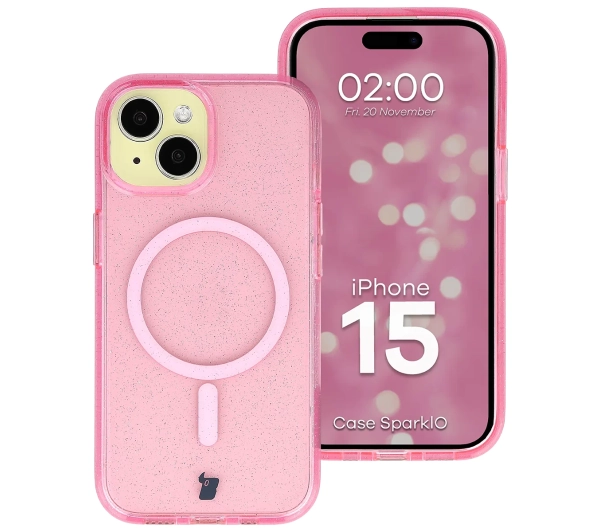 Bizon Case SparklO do iPhone 15 Przezroczysto-Różowe Z Brokatem