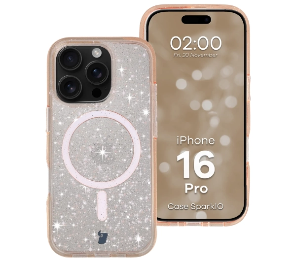 Bizon Case SparklO do iPhone 16 Pro Przezroczysto-Jasnopomarańczowe Z Brokatem