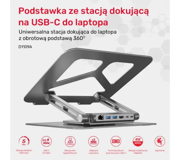 Unitek D1109A USB-C HDMI 4K PD 100W z odłączanym HUB'em Szary - Kup na Raty - RRSO 0%