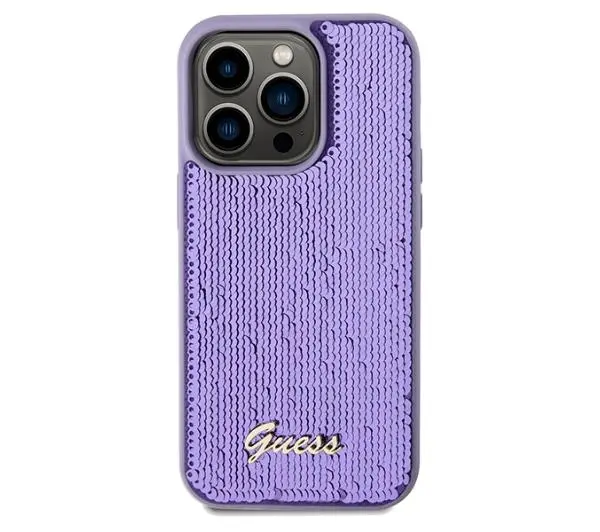 Guess Sequin Script Metal GUHCP14XPSFDGSU do iPhone 14 Pro Max Fioletowy