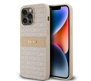 DKNY Hardcase Leather Mono Stripe & Metal Logo do iPhone 14 Pro Różowy