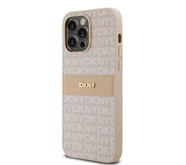 DKNY Hardcase Leather Mono Stripe & Metal Logo do iPhone 14 Pro Różowy