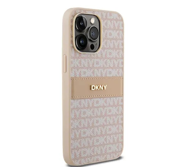 DKNY Hardcase Leather Mono Stripe & Metal Logo do iPhone 14 Pro Różowy