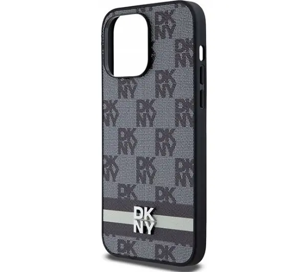 DKNY Leather Checkered Mono Pattern & Printed Stripes iPhone 14 Pro Max Czarny