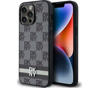 DKNY Leather Checkered Mono Pattern & Printed Stripes iPhone 14 Pro Max Czarny