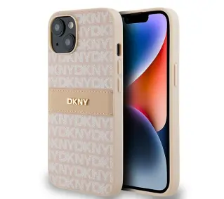 DKNY Hardcase Leather Mono Stripe & Metal Logo iPhone 14 Różowy