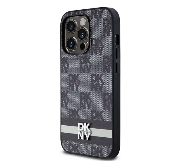 DKNY Leather Checkered Mono Pattern & Printed Stripes do iPhone 14 Pro Czarny