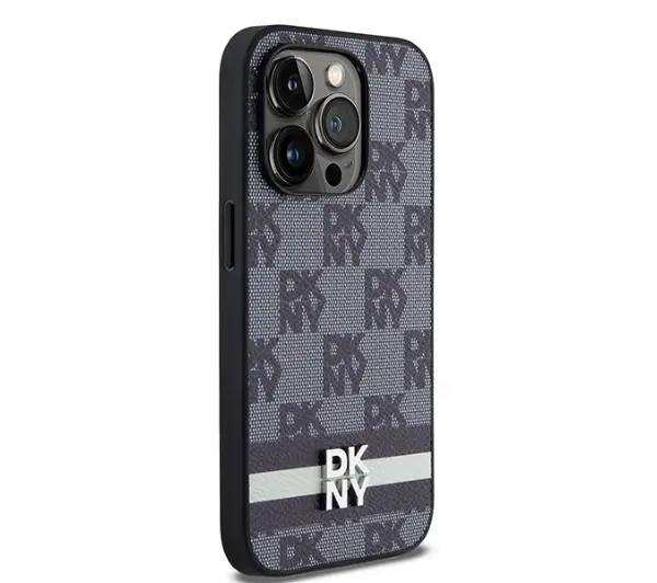 DKNY Leather Checkered Mono Pattern & Printed Stripes do iPhone 14 Pro Czarny