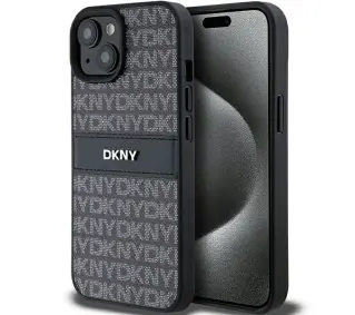 DKNY Leather Mono Stripe & Metal Logo do  iPhone 15 Czarny