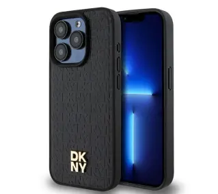 DKNY Leather Pattern Monogram Metal Logo MagSafe do iPhone 15 Pro Czarny