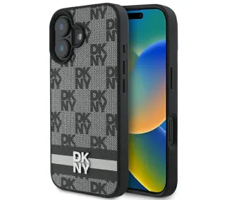 DKNY Checkered Pattern & Printed Stripes do iPhone 16 Czarny