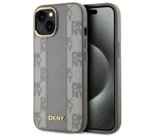 DKNY Leather Checkered Mono Pattern MagSafe do iPhone 15 Plus Beżowy