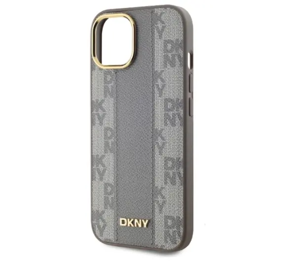 DKNY Leather Checkered Mono Pattern MagSafe do iPhone 15 Plus Beżowy