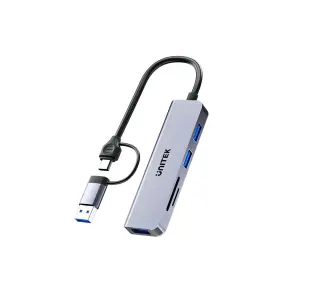 Unitek H1320AGY01 5w1 USB-A/C 5 Gbps z czytnikiem kart SD/microSD Szary