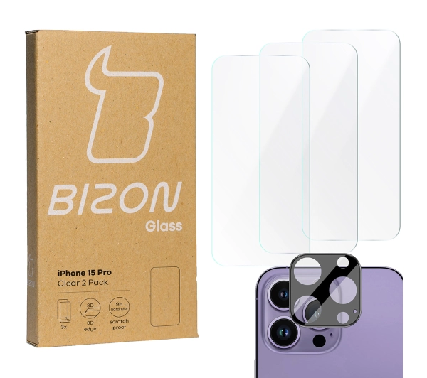 Bizon 3x szkło + szybka na aparat Clear 2 Pack do iPhone 15 Pro