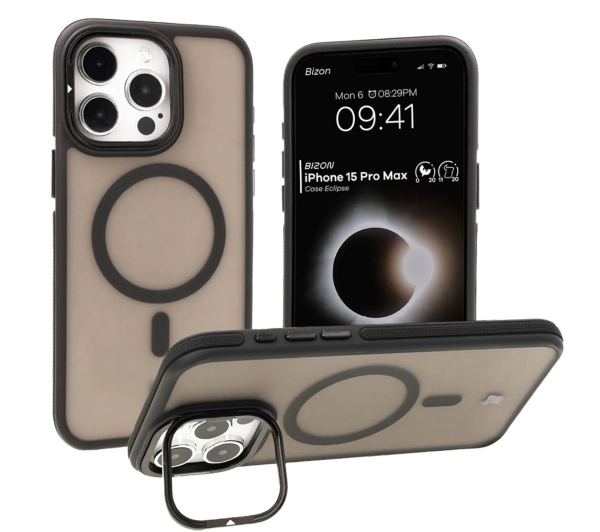 Bizon Eclipse z MagSafe i podstawką do iPhone 15 Pro Max Przydymione z czarną ramką