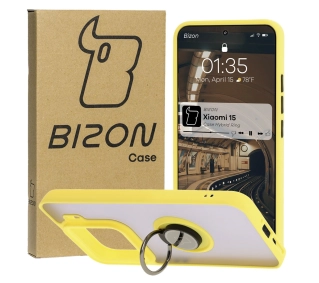 Bizon z uchwytem na palec Hybrid Ring do Xiaomi 15 Przydymione z żółtą ramką
