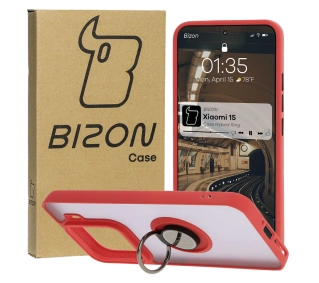 Bizon z uchwytem na palec Hybrid Ring do Xiaomi 15 Przydymione z czerwoną ramką