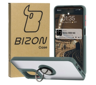 Bizon z uchwytem na palec Hybrid Ring do Motorola Moto G55 5G przydymione z Ciemnozieloną ramką