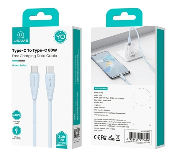 USAMS Green Series 60W USB-C do USB-C 1m Niebieski