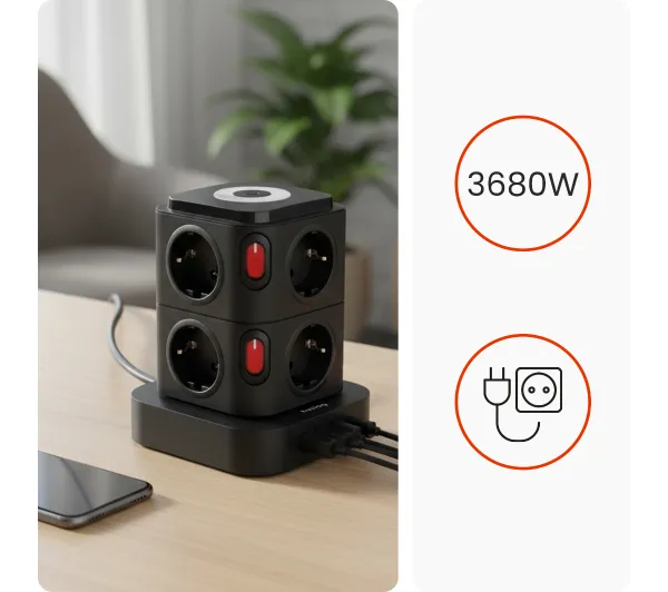 Huslog HUS1054 POWERTOWER 8 gniazd 1,8m Czarny