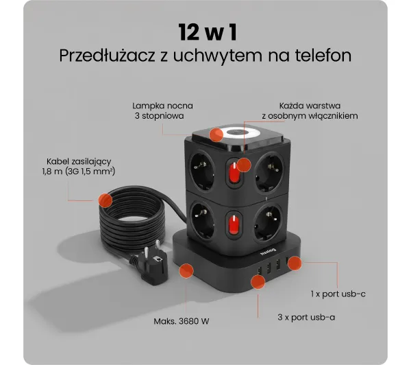 Huslog HUS1054 POWERTOWER 8 gniazd 1,8m Czarny