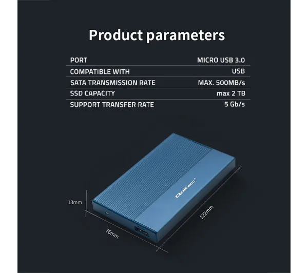 Qoltec 52276 SSD HDD 2.5" SATA USB 3.0 Niebieski