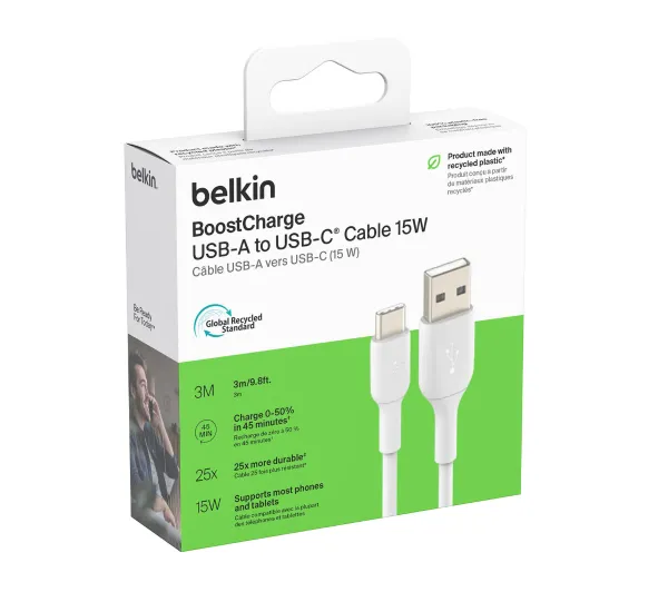Belkin BoostCharge USB-A do USB-C 15W 3m Biały