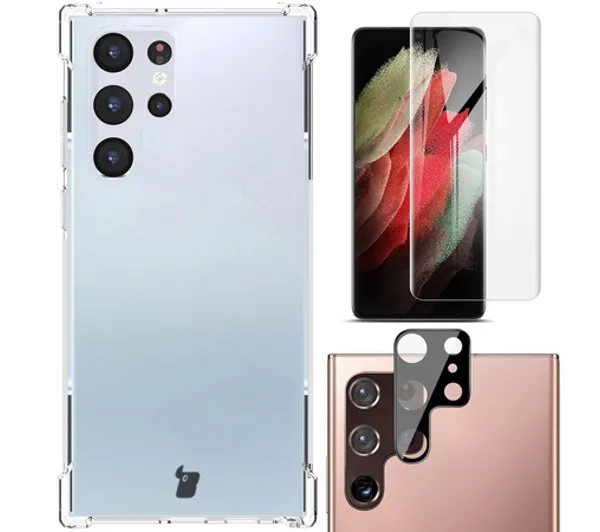 Bizon elastyczne etui + 2x folia + szkło na aparat Clear Pack do Samsung Galaxy S22 Ultra