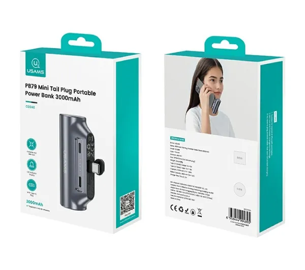 USAMS PB79 Mini Tail Plug Portable 3000mAh Srebrny