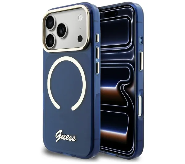 Guess IML Script Metal MagSafe do iPhone 17 Pro Max Niebieski