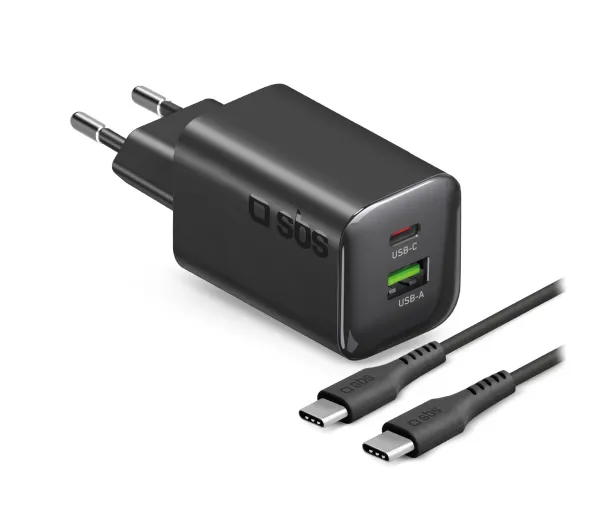 SBS Mini GaN PD USB-C USB-A 65W Czarny + kabel 1,5m USB-C