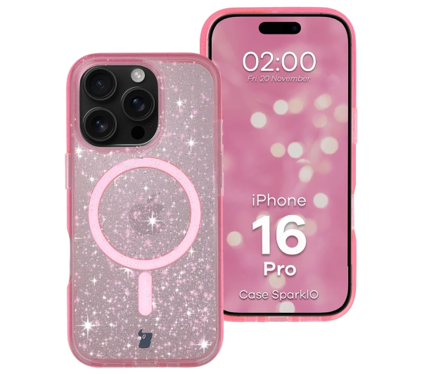 Bizon Case SparklO do iPhone 16 Pro Przezroczysto-Różowe Z Brokatem